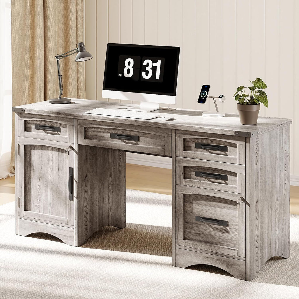 Decofy Farmhouse Executive Desk with Drawers, 55' Home Office Desks with Fast Charging Station, Lockable File Cabinet, Wood Writing Computer Desk for Work, Study, Grey