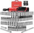 AOBEN Cordless Electric Ratchet Wrench with 83pc 1/4' to 3/8' impact sockets set,12V Electric Wrench with Variable Speed,3/8' to 1/4' Adapter, 3' Extension Bar