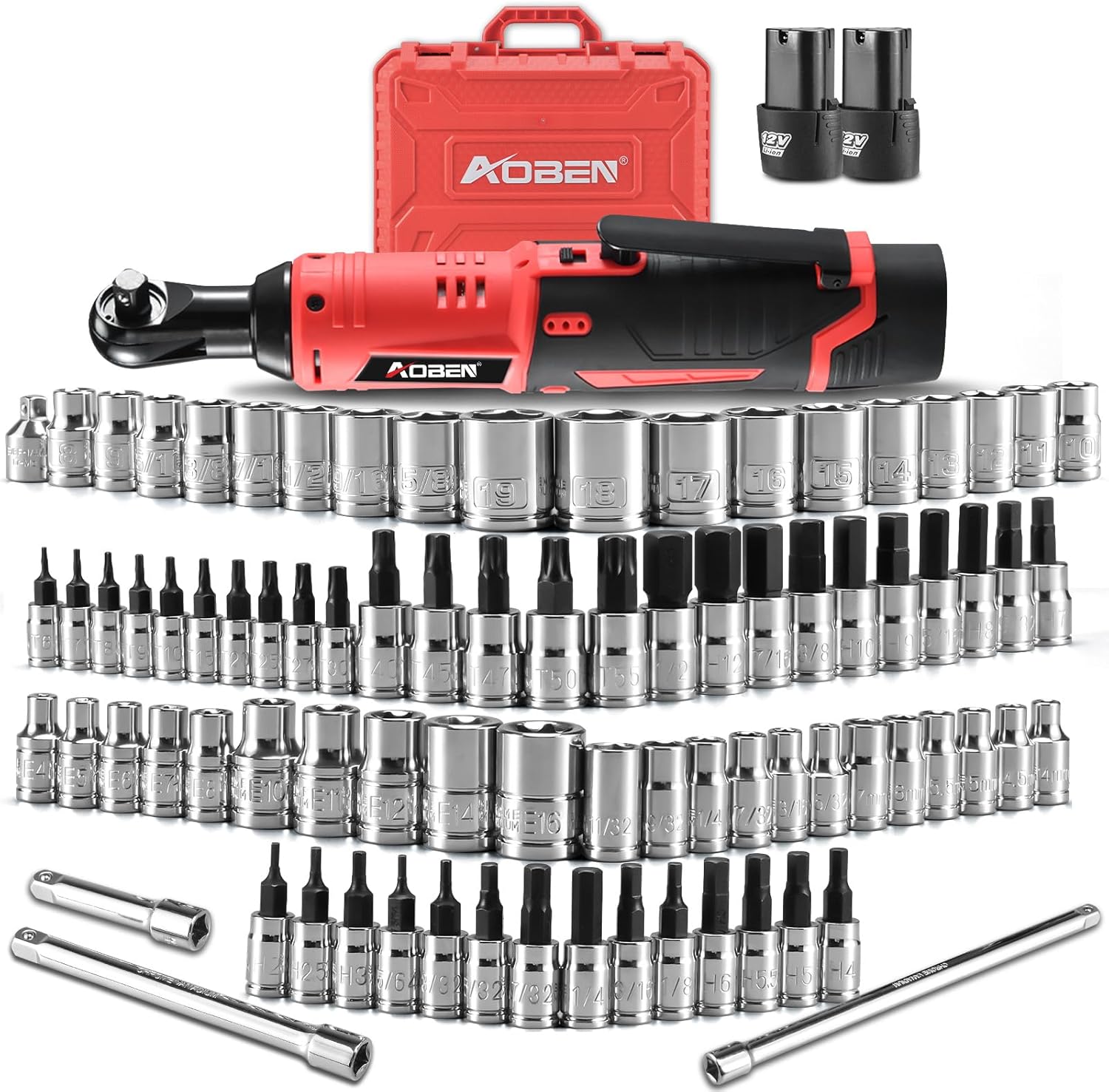 AOBEN Cordless Electric Ratchet Wrench with 83pc 1/4' to 3/8' impact sockets set,12V Electric Wrench with Variable Speed,3/8' to 1/4' Adapter, 3' Extension Bar