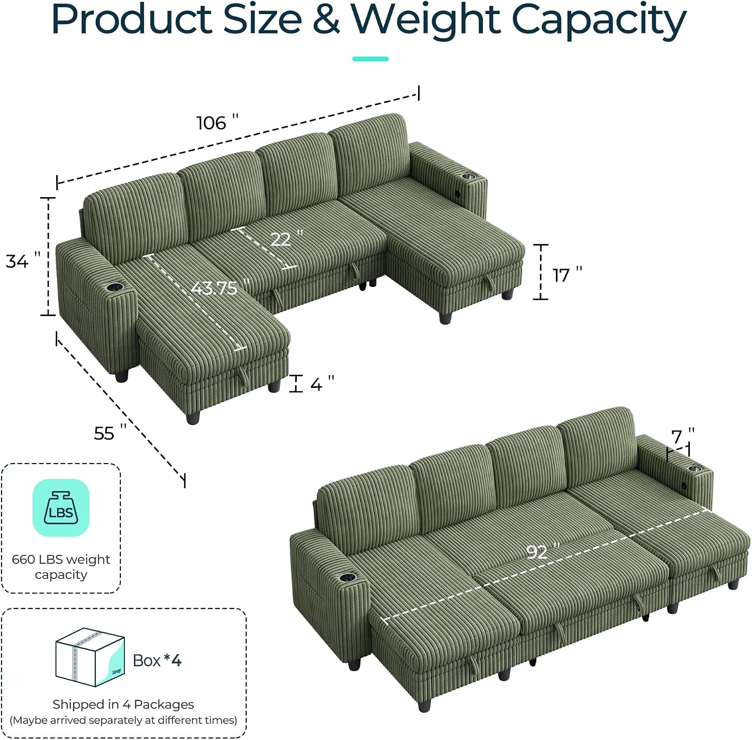LINSY HOME Sectional Sleeper Sofa with Pull Out Couch Bed for Living Room (Green) | Plush Corduroy, Storage Ottoman, Storage Chaise, Pull Out Couch, USB Charging