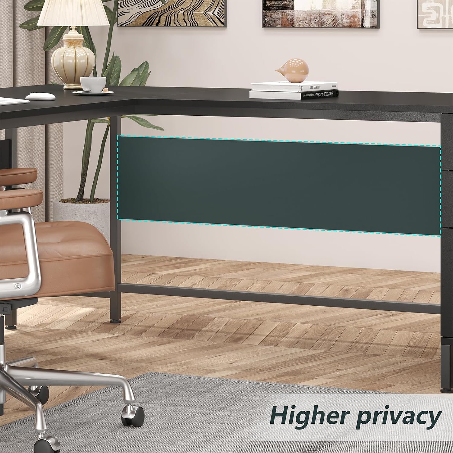 TVU 59'' L Shaped Desk with 6 Wood Drawers, Large Home Office Corner Computer Desk with Storage File Cabinet, Modern Metal Wood Desk for Executive Writing Study Workstation, Black