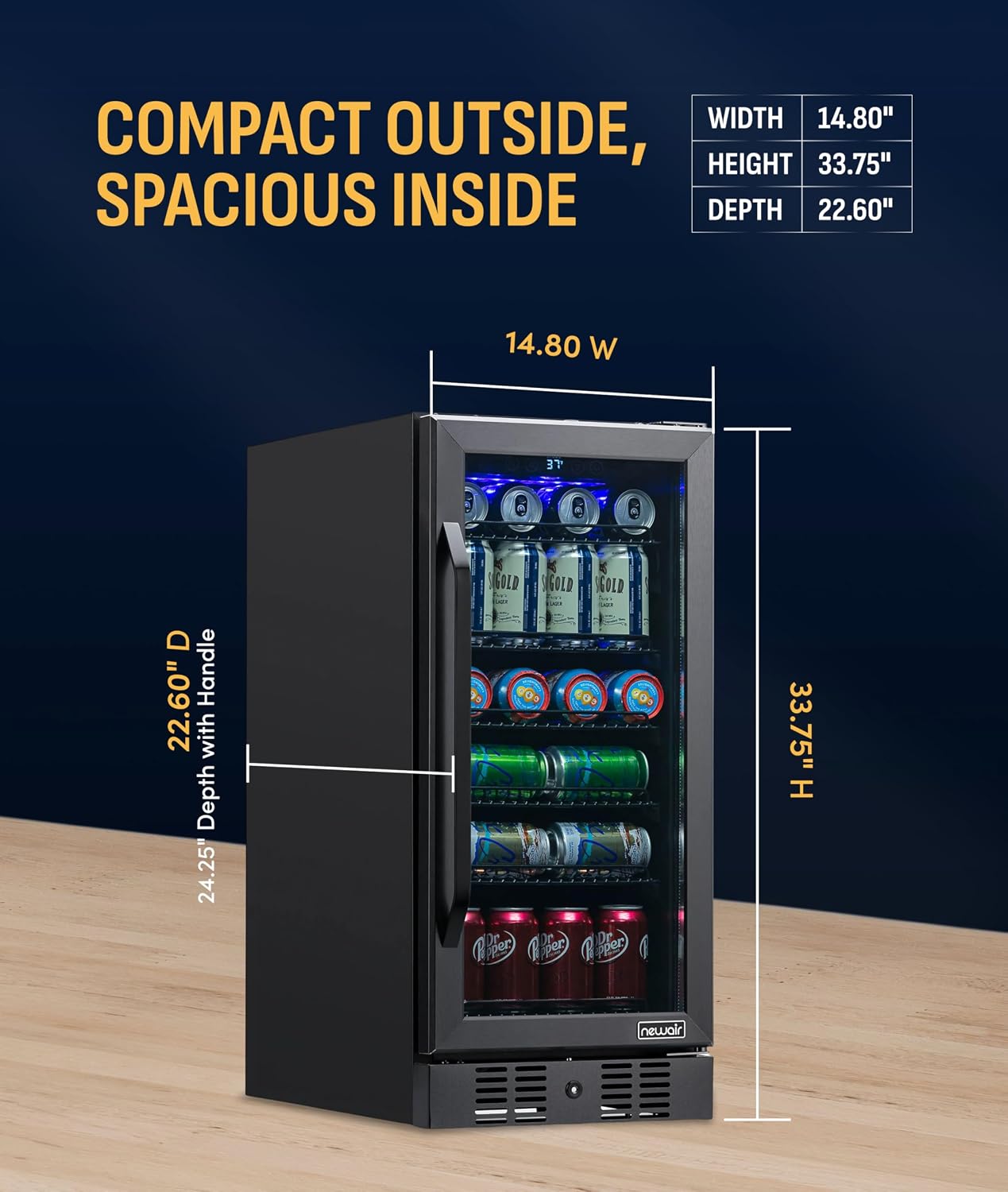 NewAir 96 Can Built-In Beverage Refrigerator | 15' Small Mini Fridge for Bedroom, Home Bar or Office | Quiet Cooling & Precise Temperature Control | Black Stainless Steel