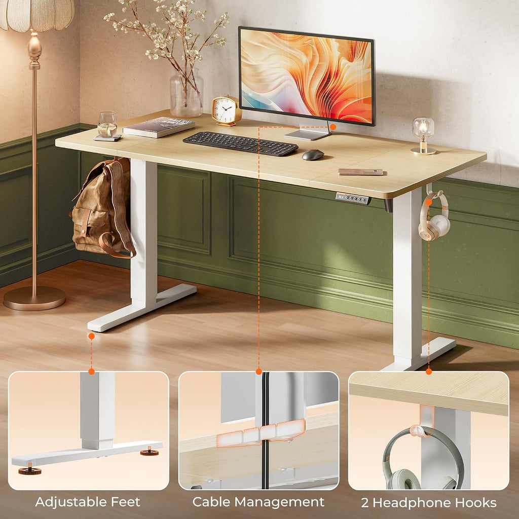 Huuger 55 x 28 Large Electric Standing Desk, Height Adjustable Desk, 27.6' Deep Desktop, Stand up Gaming Computer Office Desk with 2 Hooks, 3 Preset Heights, for Home Office, Maple