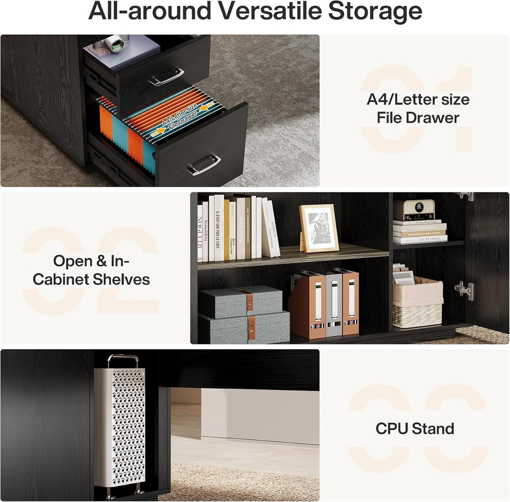 Tribesigns 85.8-Inch L-Shaped Executive Desk with File Drawers, Door Cabinet & Shelves, Extra Large Commercial Office Desk, Modern Professional Office Table Business Furniture, Grey & Black