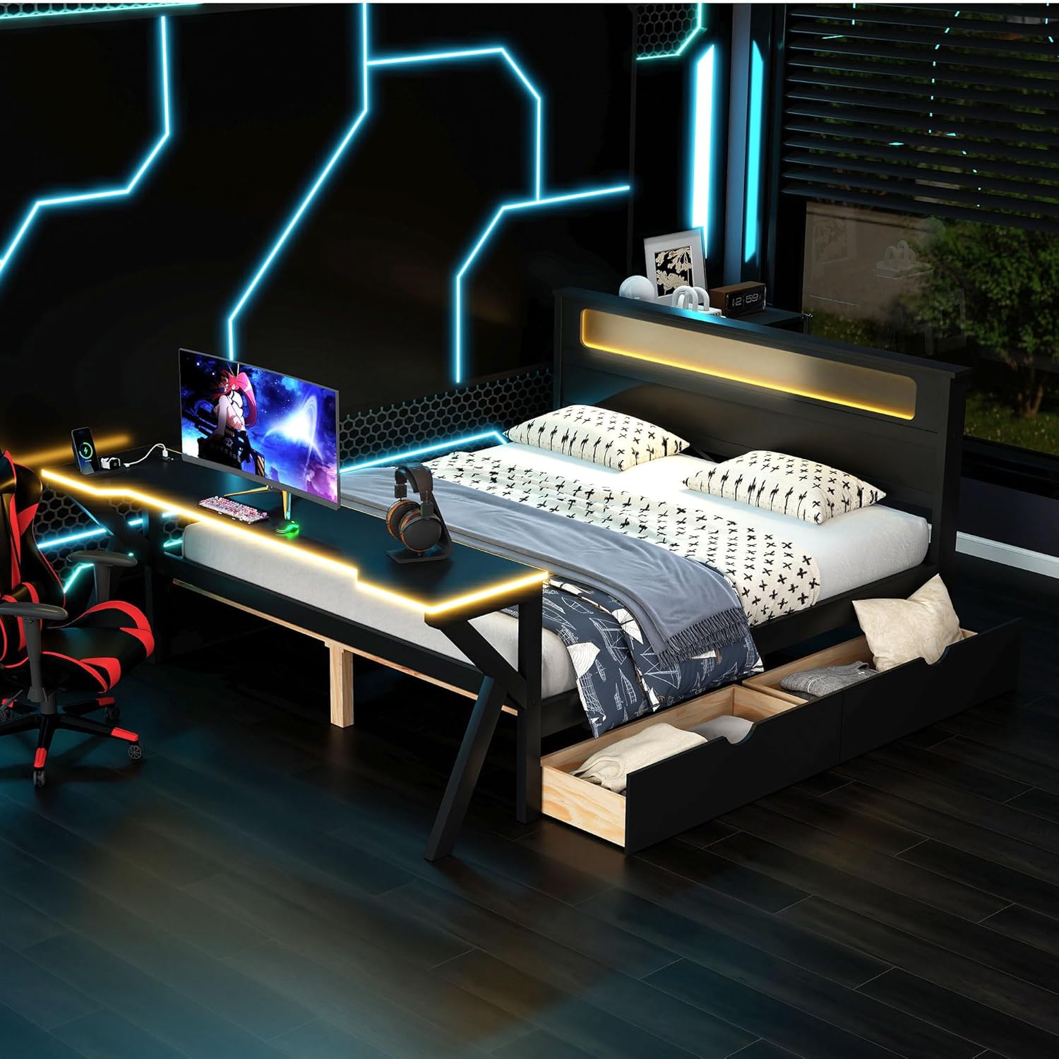 Harper & Bright Designs Full Size Gaming Loft Bed with Charging Station & LED Headboard, Built-in Desk with Outlets & USB/Type-C Ports, 2 Storage Drawers for Modern Living, Black
