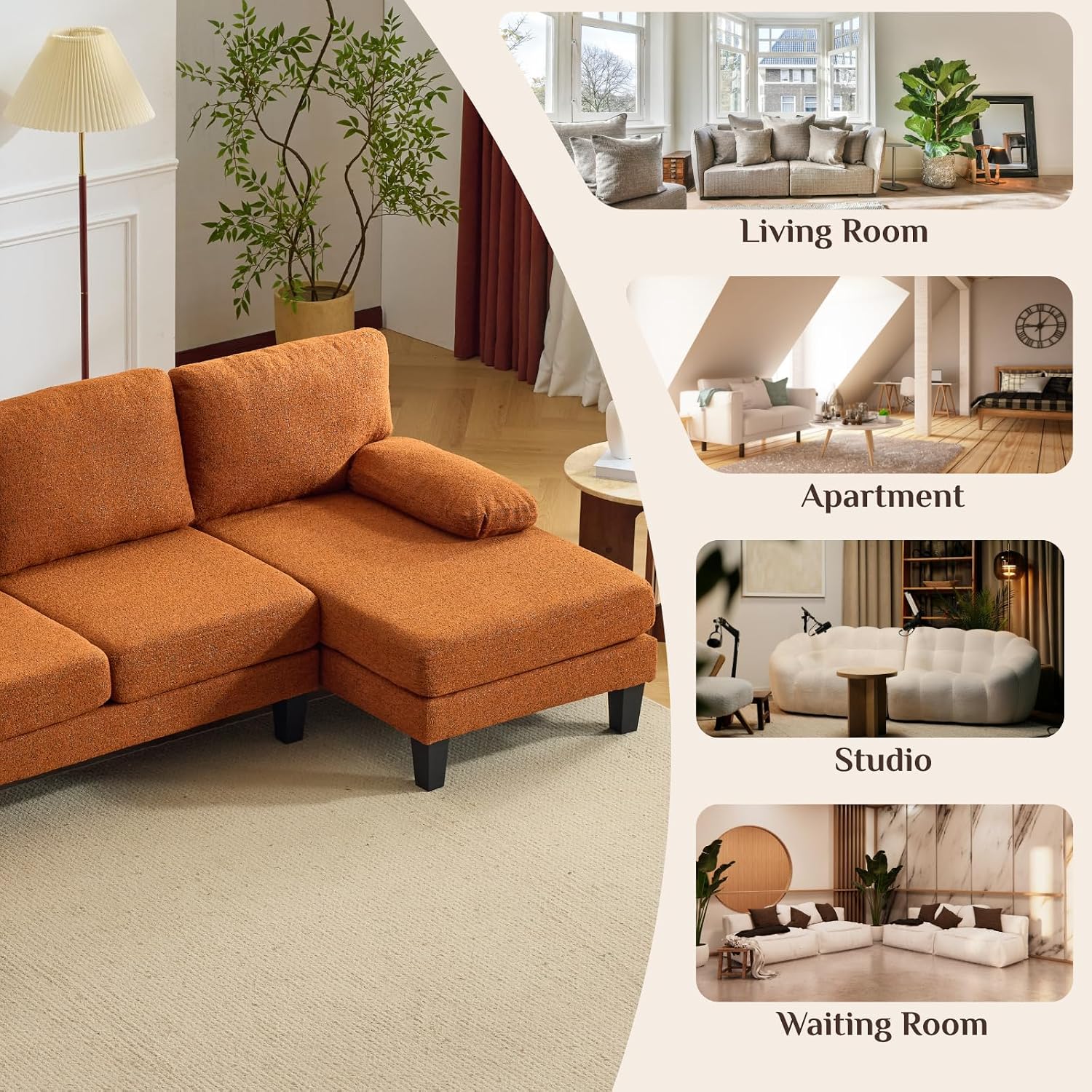 Karl home 110' U-Shape Sectional Couches for Living Room Chenille Upholstery 4 Seat Sofa Set with Double Chaises & Wood Grain Legs for Apartment, Orange
