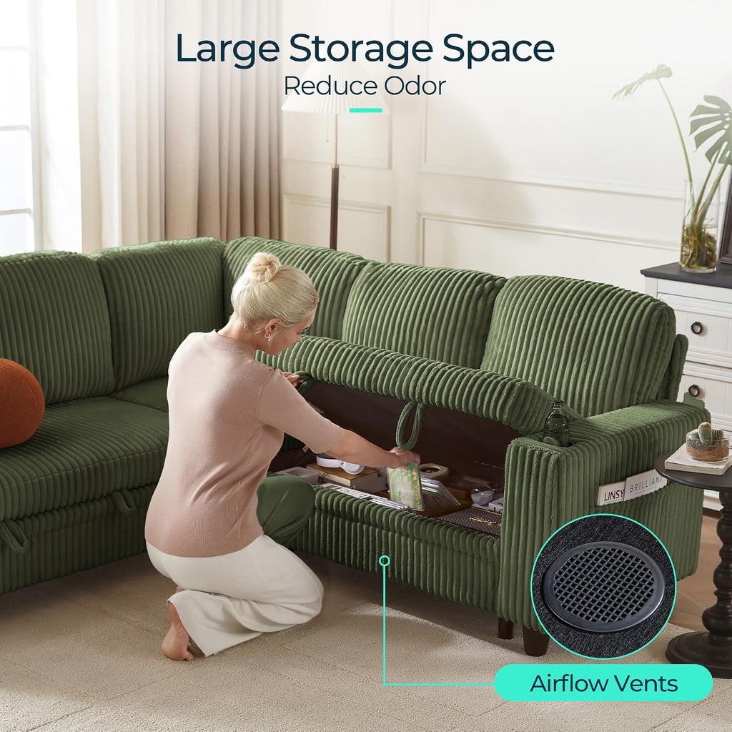 LINSY HOME Sectional Sleeper Sofa with Pull Out Couch Bed for Living Room (Green) | Plush Corduroy, Storage Ottoman, Storage Chaise, Pull Out Couch, USB Charging
