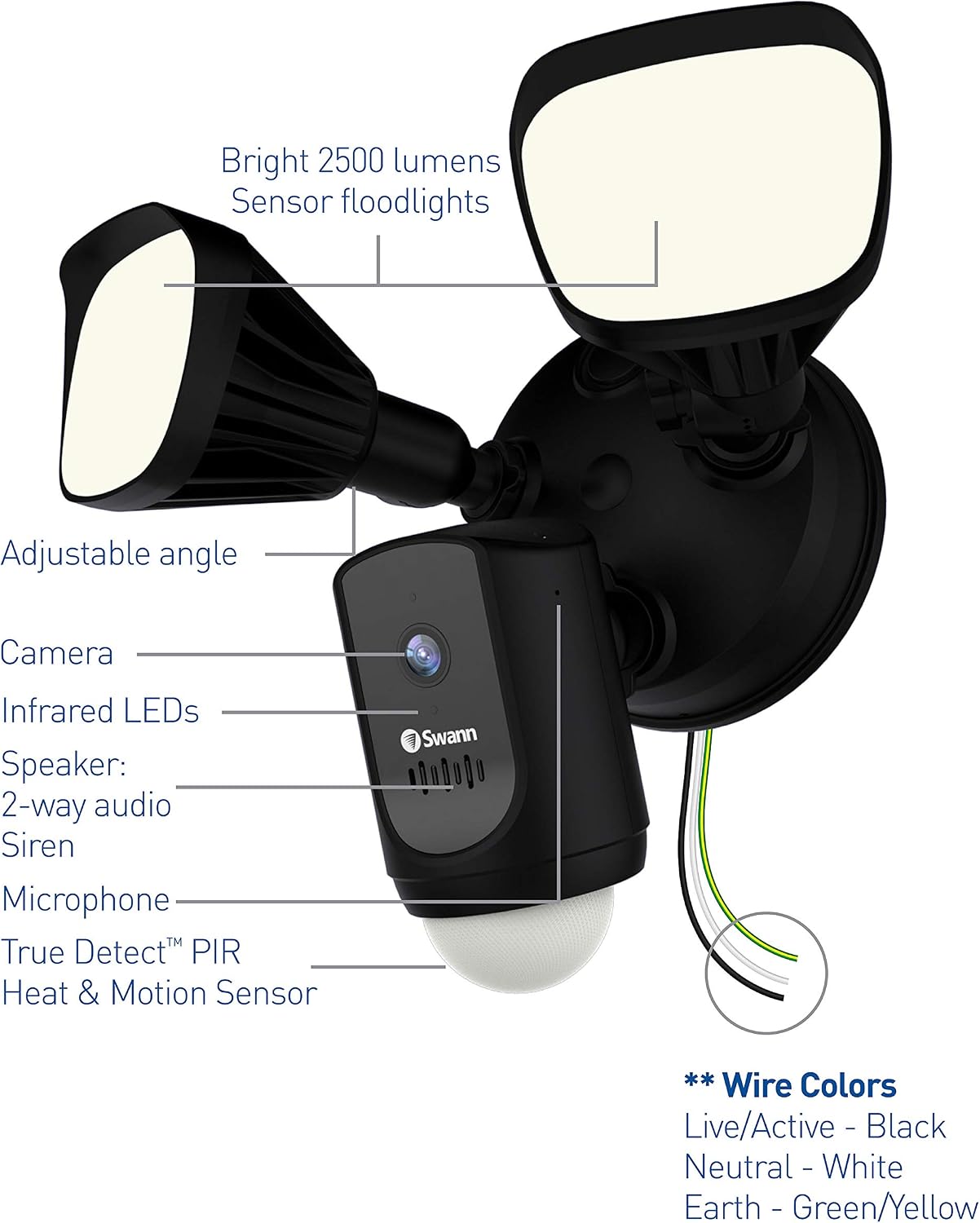 Swann Wi-Fi 1080p Waterproof Motion Activated FloodLight Camera with Night Vision, Heat Sensing, 2-Way Talk, Dimmable 2400 Lumens, Wide 125 Degree Viewing, Free Cloud & Local Recording