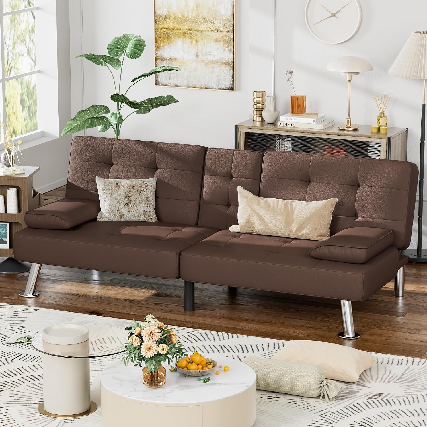 Homall Futon Sofa Bed, Leather Futon Couch with Removable Armrests, Adjustable Recliner Sleeper Sofa Bed with Dual Cup Holders for Living Room, Apartment, Office (Brown)