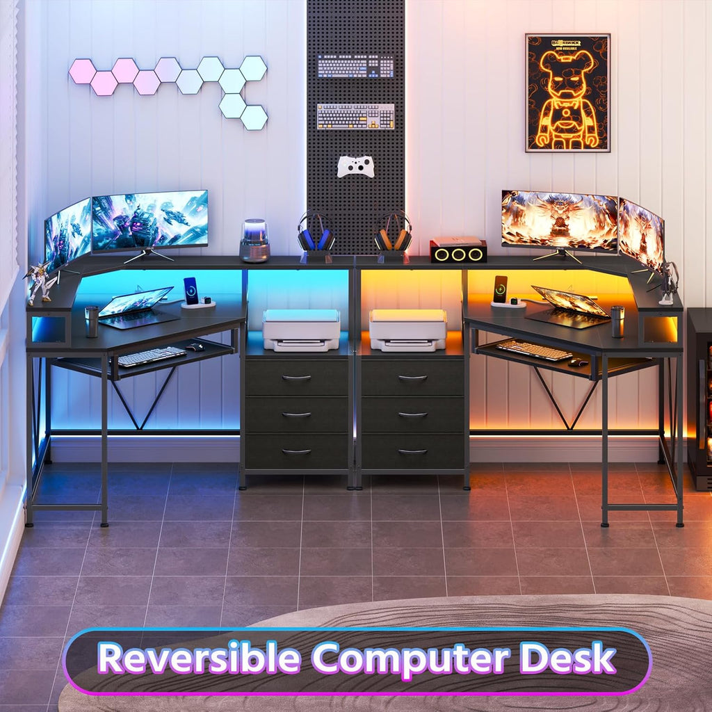 YOMILUVE Small Corner Desk with Drawers, Corner Gaming Desk with Power Outlets & Printer Shelf for Small Space, Triangle Computer Desk with LED Lights, Keyboard Tray and Monitor Stand, Black