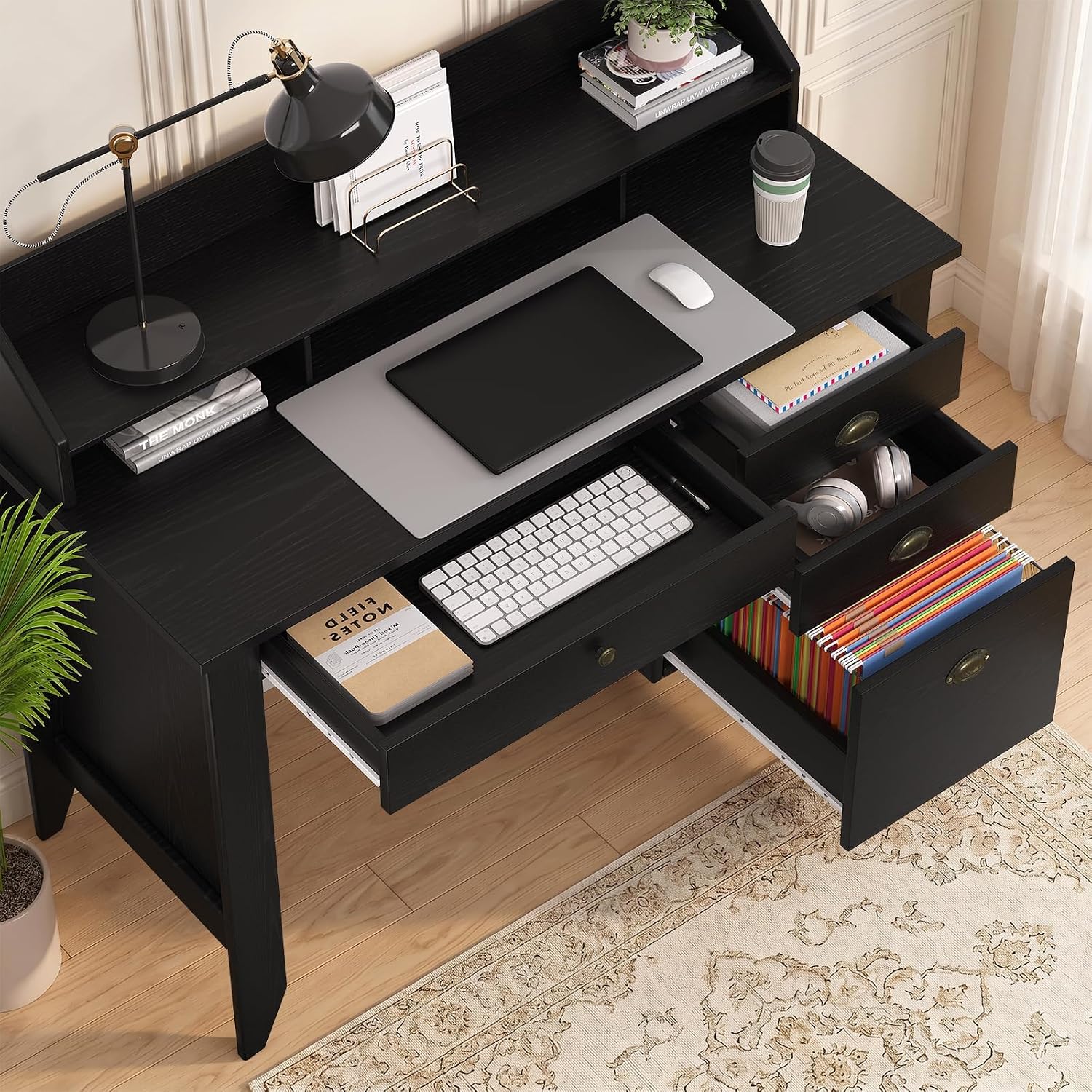 4 EVER WINNER Black Desk with Drawers, Small Desk with File Drawer and Monitor Stand, Computer Desk with Storage, Writing Desk for Bedroom Home Office, Black