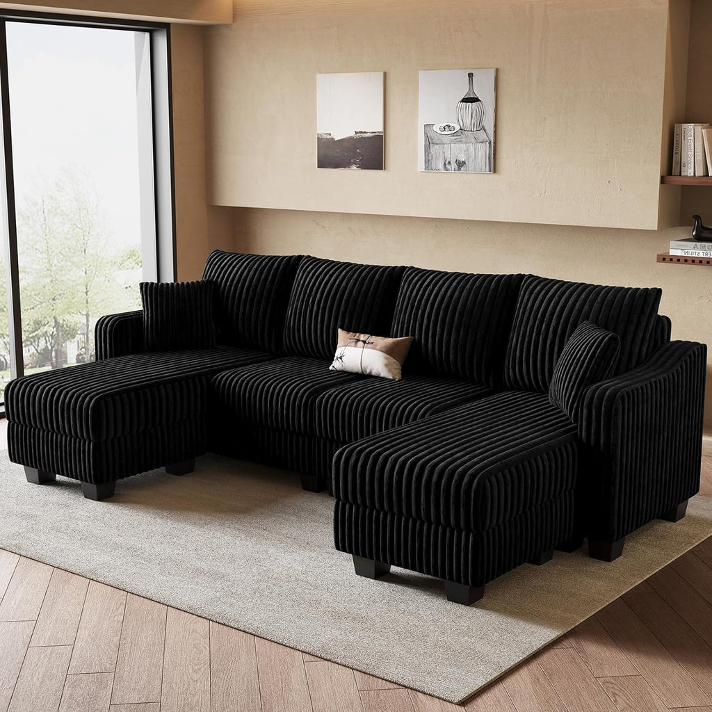 Belffin U Shaped Couch with Reversible Chaises Sectional Couches for Living Room Sectional Couch with Ottomans Corduroy (Black, U Shaped)