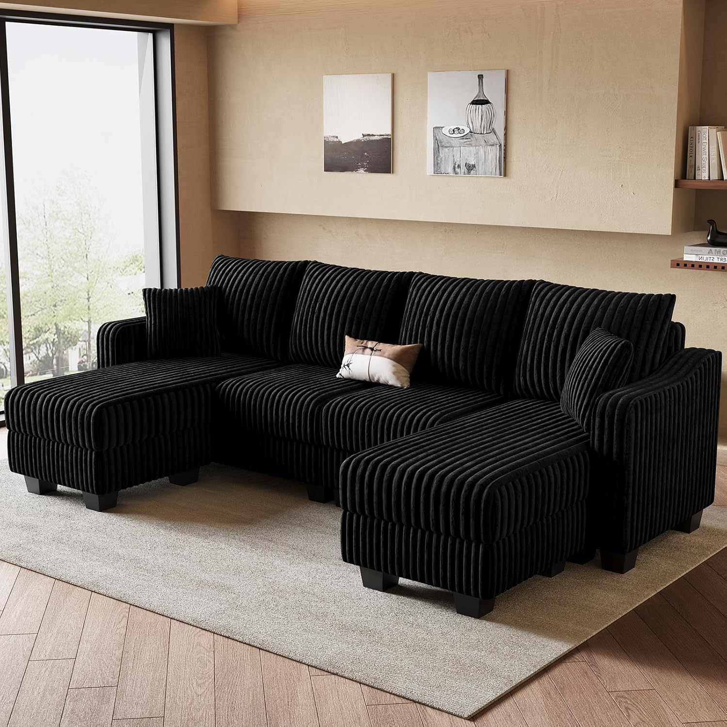 Belffin U Shaped Couch with Reversible Chaises Sectional Couches for Living Room Sectional Couch with Ottomans Corduroy (Black, U Shaped)