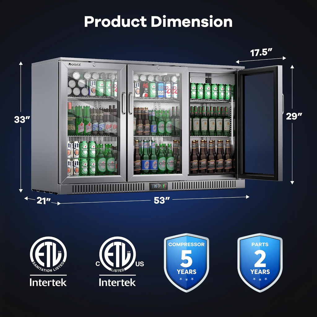 Coolski 53 Inch Beverage Refrigerator with 3 Doors, Commercial Back Bar Cooler for Beer Soda, Undercounter Display Fridge for Bar Restaurant Home, 12 Cu.Ft. LED Lighting ETL NSF Approved