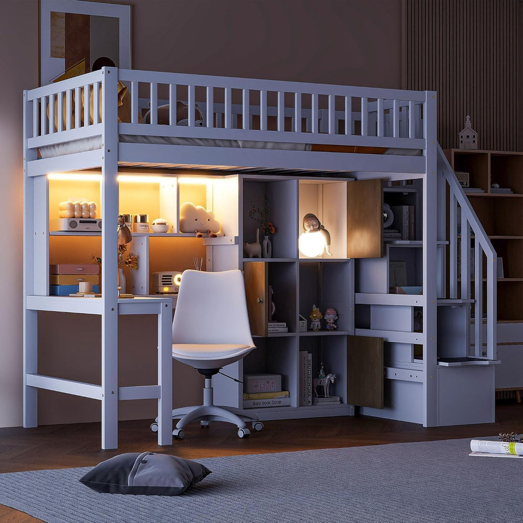 MERITLINE Twin Loft Bed with L-Shaped Desk and Storage Stairs &LED Lights, Solid Wood High Loft Bed with Stairs and Storage Shelves &Cabinets for Teens Adults,Bedroom, Dormitory (White)