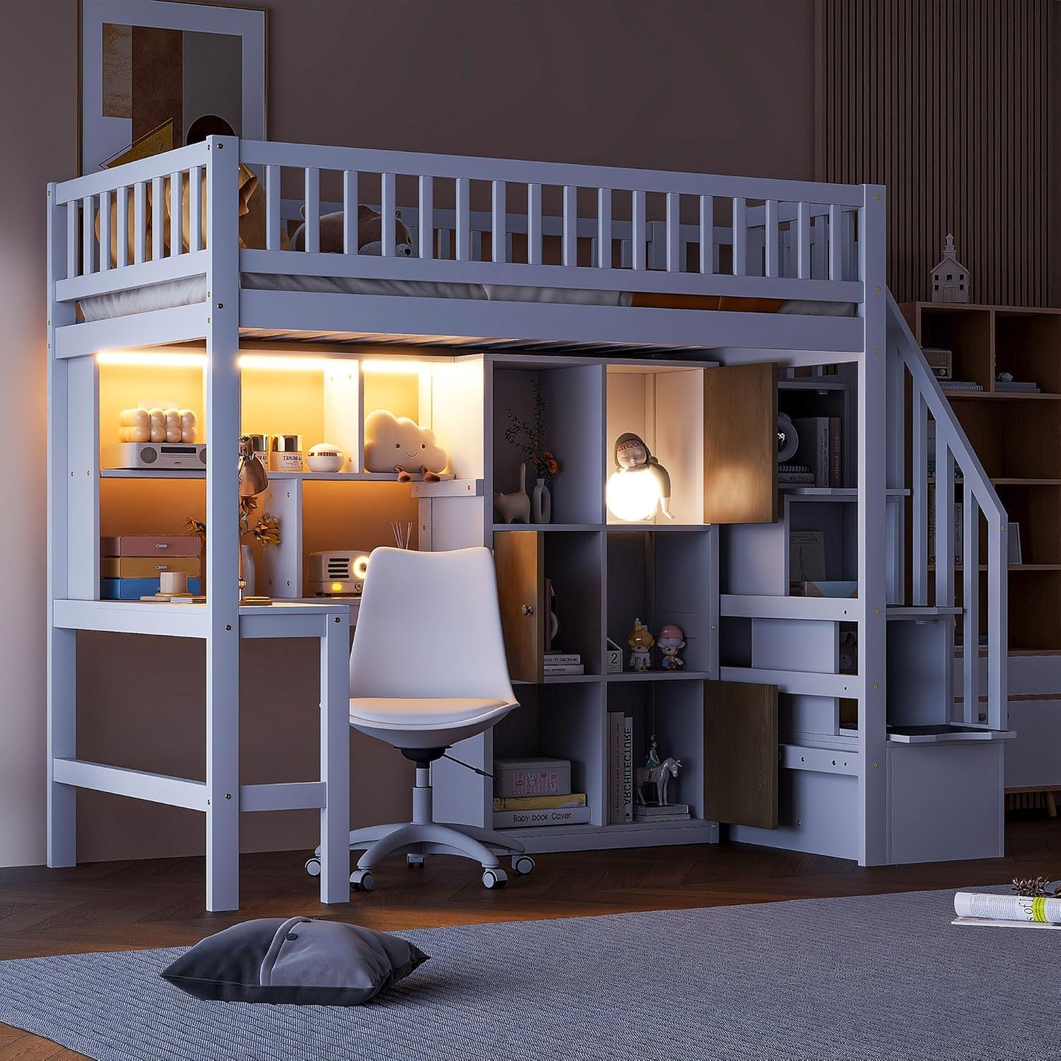 MERITLINE Twin Loft Bed with L-Shaped Desk and Storage Stairs &LED Lights, Solid Wood High Loft Bed with Stairs and Storage Shelves &Cabinets for Teens Adults,Bedroom, Dormitory (White)