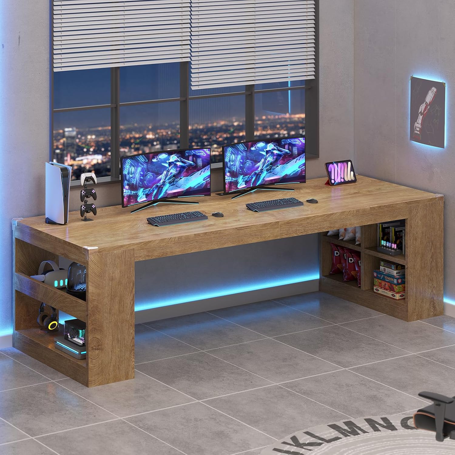 UPOSOJA 2 Person Desk with Power Outlet, 86.6' Wood Office Desk with Cable Management & Storage Shelves, Extra Long Computer Desk, Two Person Gaming Desk, Double Writing Table for Home Office, Oak