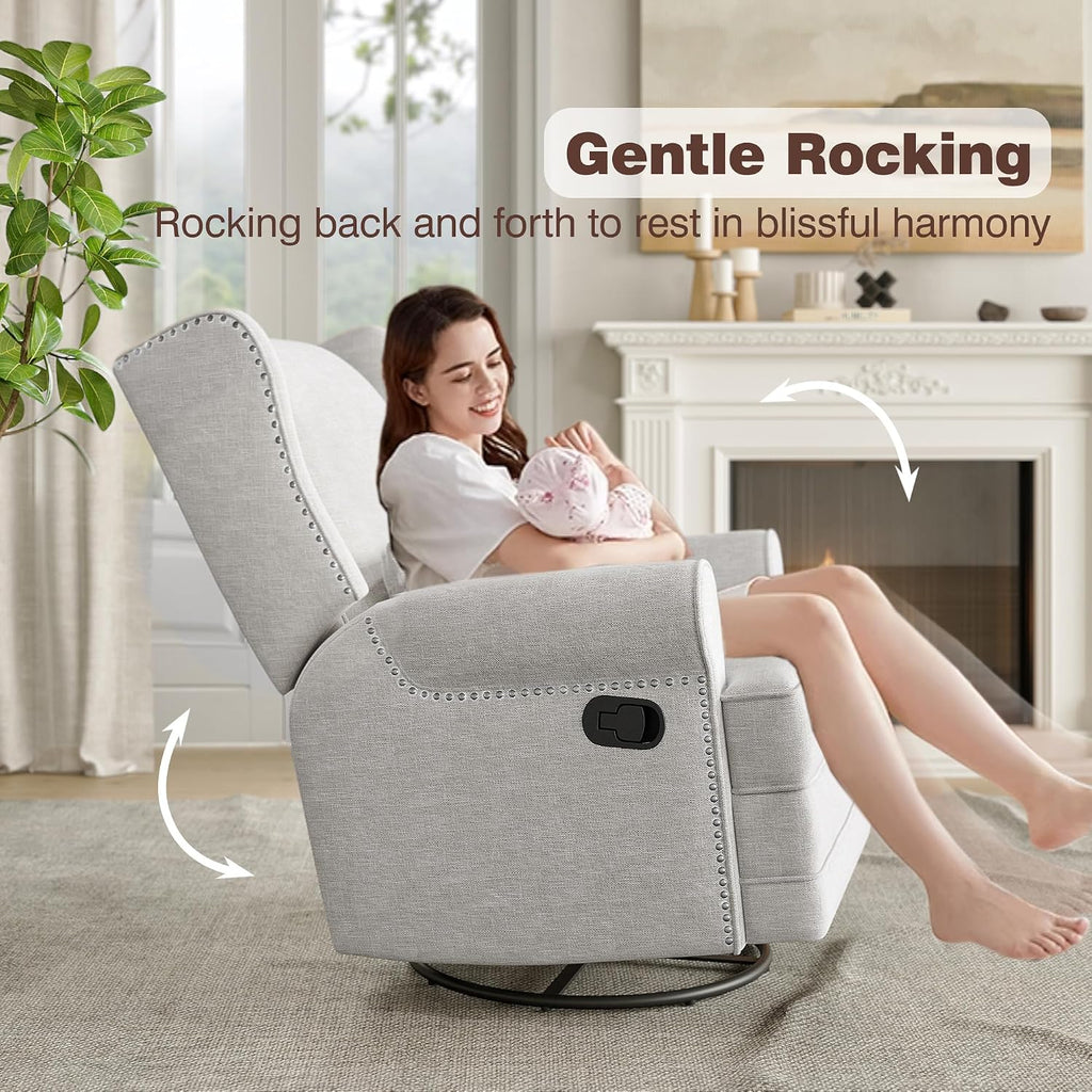 FansaFurn Swivel Nursery Glider Recliner, Comfy Upholstered Glider Chair with Lumbar Pillow and Footrest, Swivel Rocking Chair for Living Room, Grey