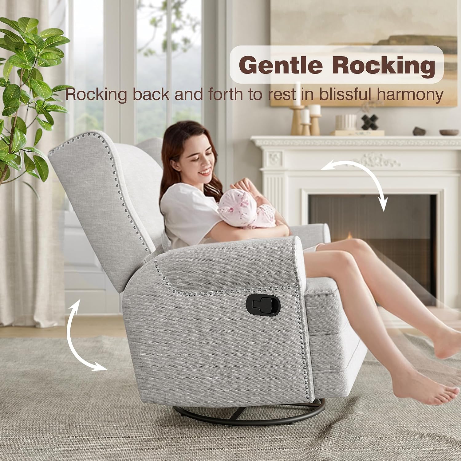 FansaFurn Swivel Nursery Glider Recliner, Comfy Upholstered Glider Chair with Lumbar Pillow and Footrest, Swivel Rocking Chair for Living Room, Grey
