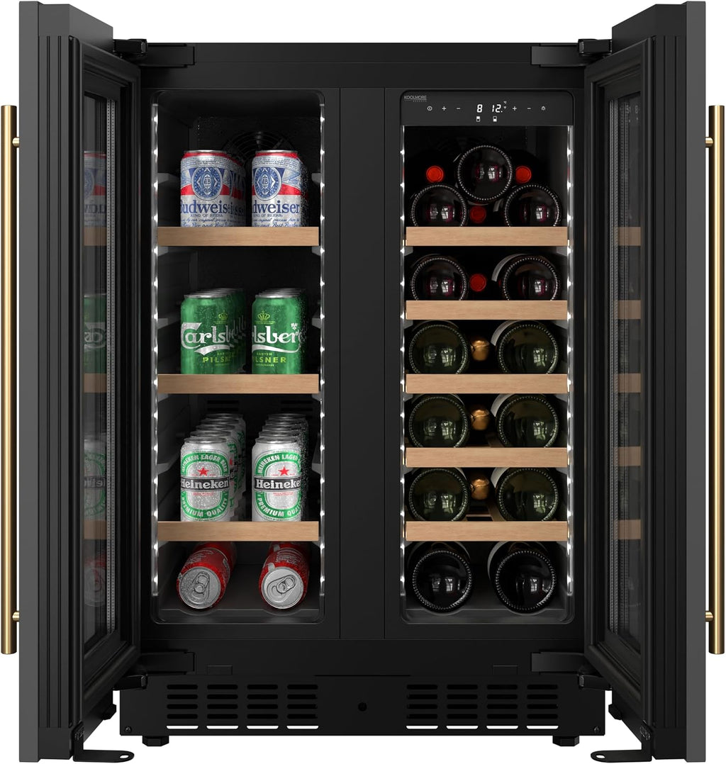 KoolMore Reserve 24 in. French Door Dual Zone Panel Ready Under-Counter Cooler with Wooden Shelves and 20 Bottle Capacity in the Right Zone and 2.1 Cu. Ft. on the Left in Black (KM-CWB24-WPR)