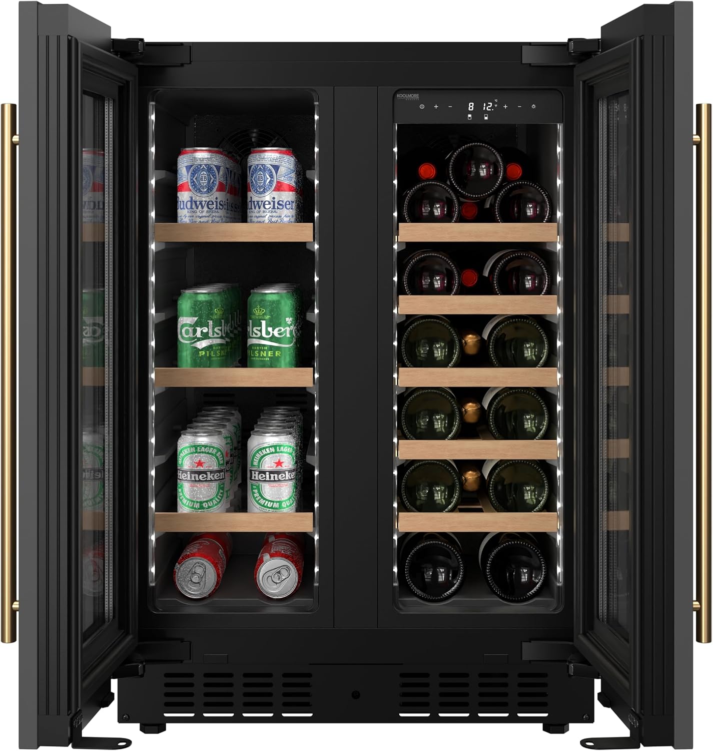 KoolMore Reserve 24 in. French Door Dual Zone Panel Ready Under-Counter Cooler with Wooden Shelves and 20 Bottle Capacity in the Right Zone and 2.1 Cu. Ft. on the Left in Black (KM-CWB24-WPR)