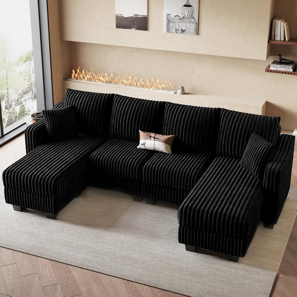 Belffin U Shaped Couch with Reversible Chaises Sectional Couches for Living Room Sectional Couch with Ottomans Corduroy (Black, U Shaped)