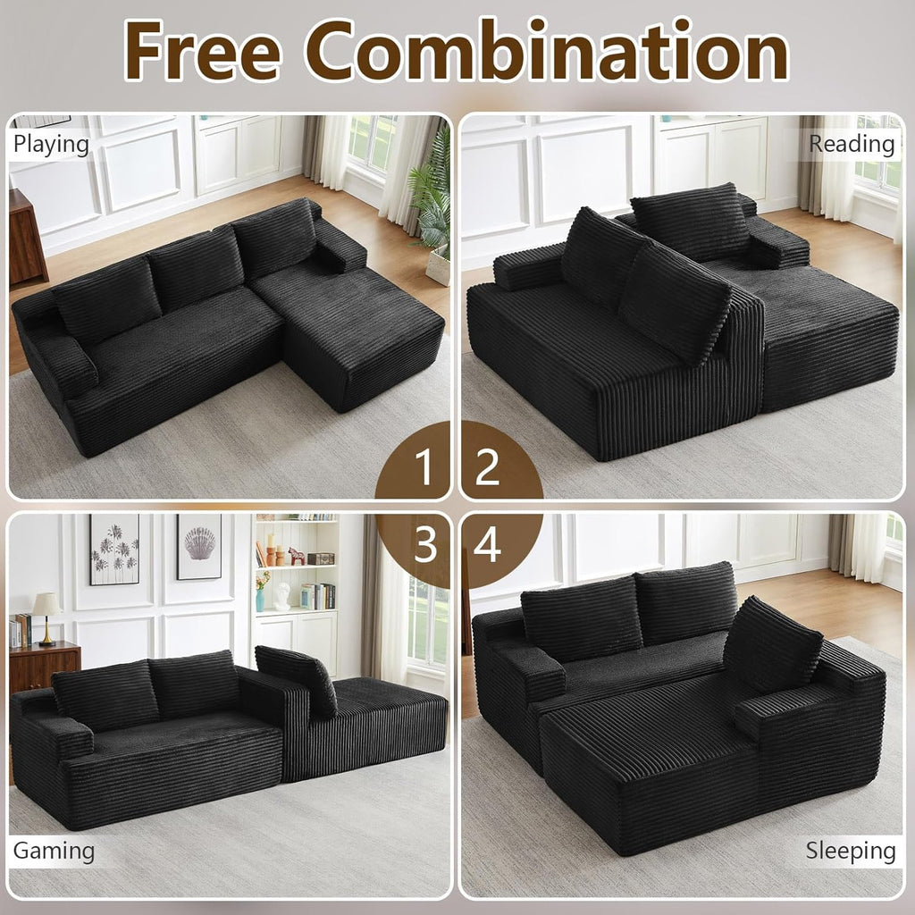 96' Modular Sectional Sofa Couches L-Shape Couch 3 Seat Modular Sofa Corduroy Memory Foam Sectional Boneless Couches for Living Room, Cloud Couch with Oversized Chaise(Black, Right Facing)