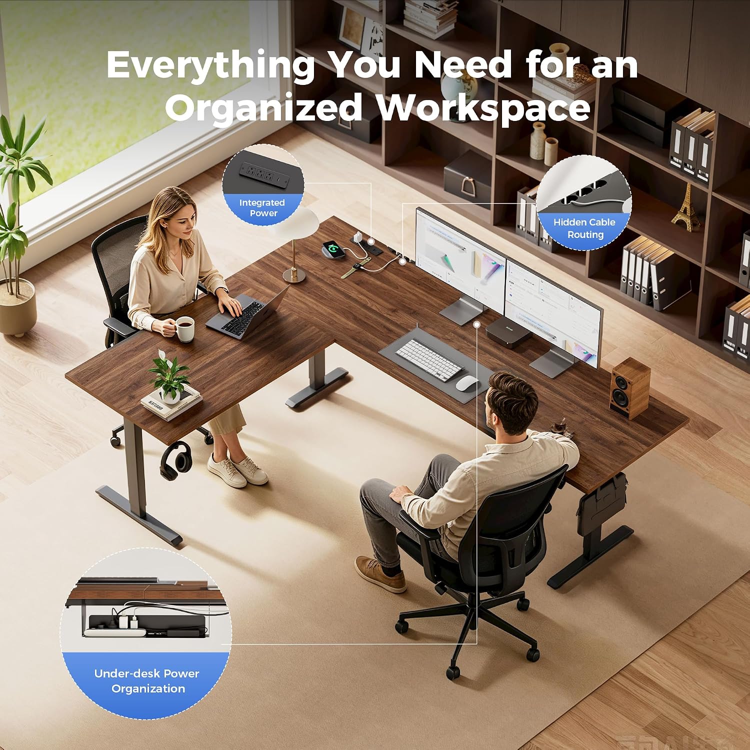 Agilestic Electric L Shaped Standing Desk 63 x 48 Inch with Power Outlet, Height Adjustable Corner Stand up Desk with Cable Management,Sit Stand Home Office Workstation with Splice Board, Dark Walnut