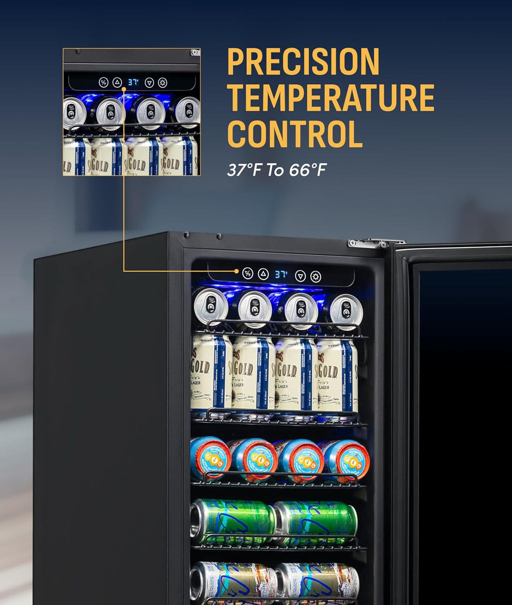 NewAir 96 Can Built-In Beverage Refrigerator | 15' Small Mini Fridge for Bedroom, Home Bar or Office | Quiet Cooling & Precise Temperature Control | Black Stainless Steel