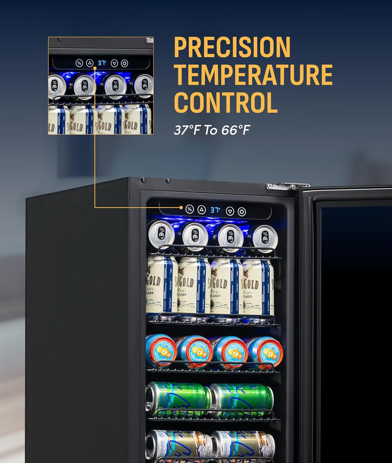 NewAir 96 Can Built-In Beverage Refrigerator | 15' Small Mini Fridge for Bedroom, Home Bar or Office | Quiet Cooling & Precise Temperature Control | Black Stainless Steel