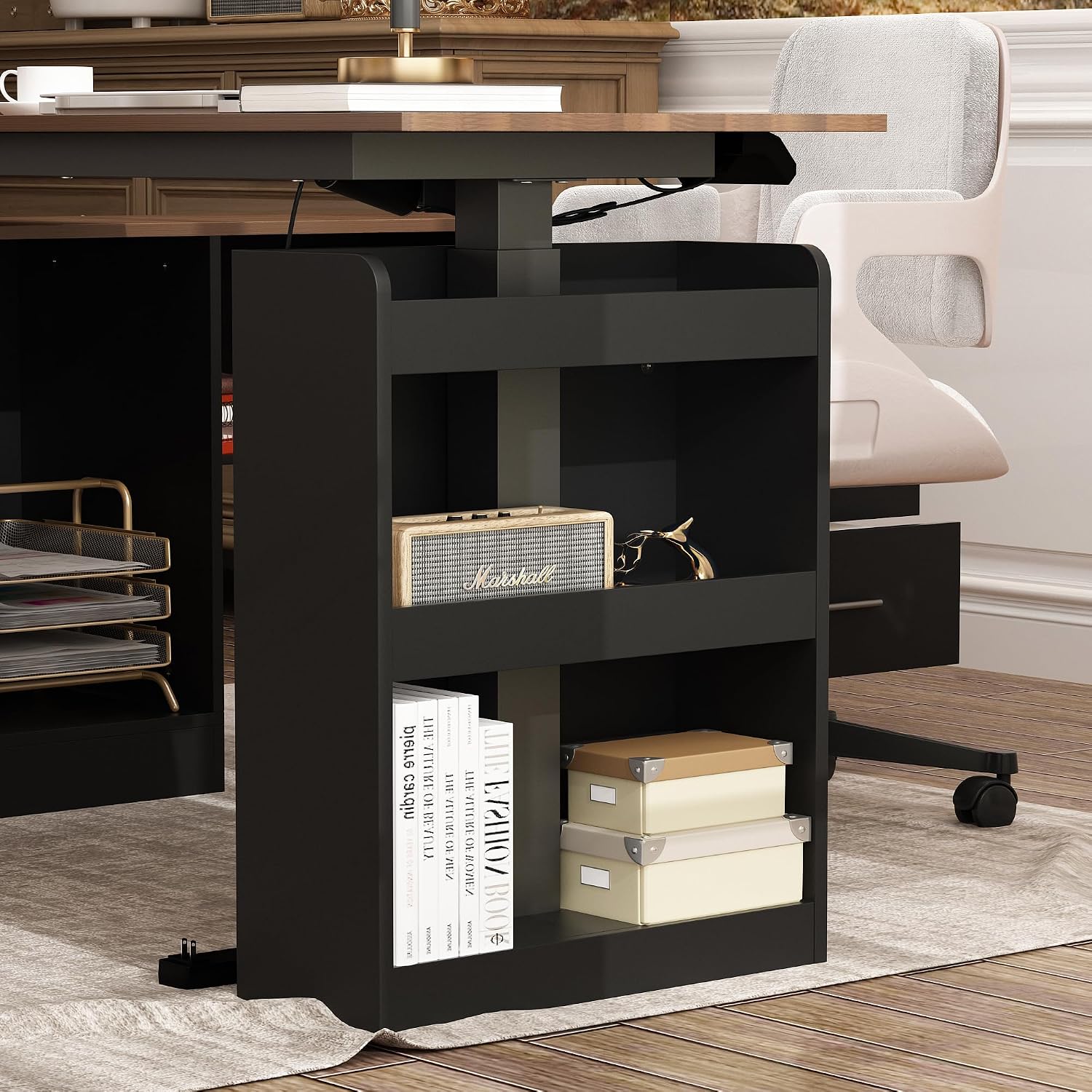 Homsee Home Office L Shaped Electric Standing Desk with Drawers and Shelves, Height Adjustable Stand up Desk, 63' Computer Executive Corner Table, Walnut & Black