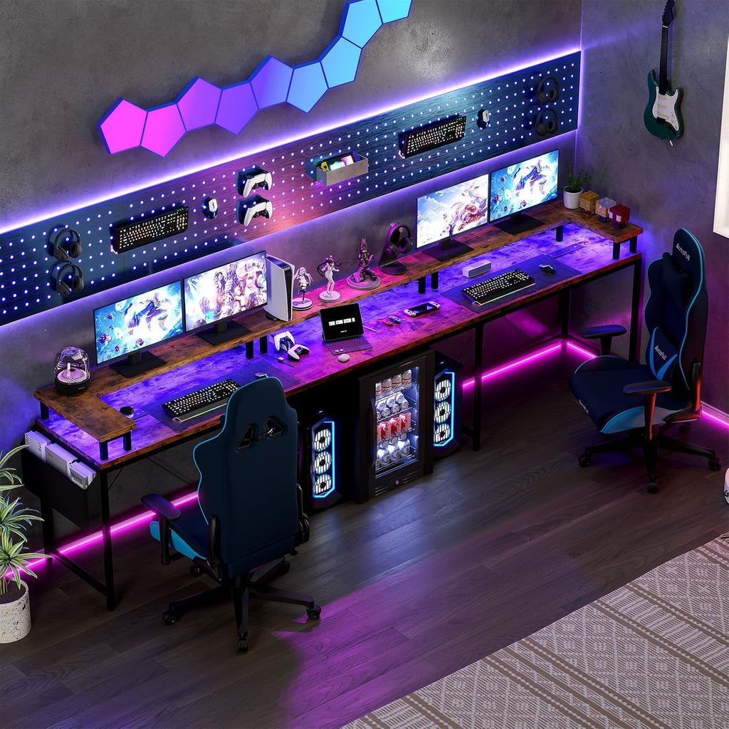 126' U Shaped Gaming Desk, Power Outlets & USB Ports, Reversible Corner Computer Desk with Monitor Stand, RGB LED Lights, Storage Shelves & Bag, Gaming Desk for Home Office, Tiger Stripes, Rustic Brow
