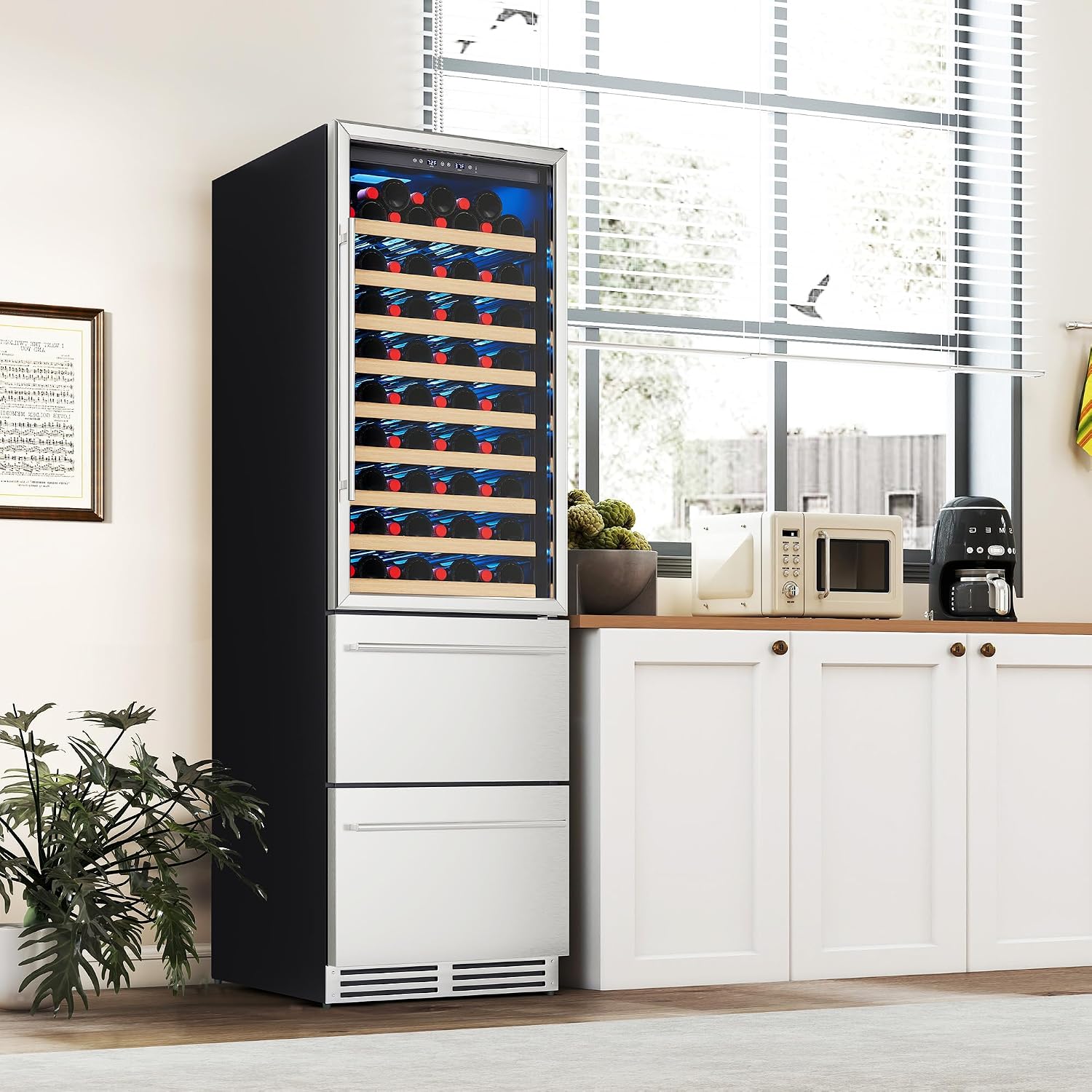 Albott 24 Inch Wine and Beverage Refrigerator, 2 In 1 Dual Zone 49 Bottle Wine Cooler 37–72℉ with Soft LED Light, Hold 108 Bottles and 150 Cans, Built-in or Freestanding Design for Home and Bar
