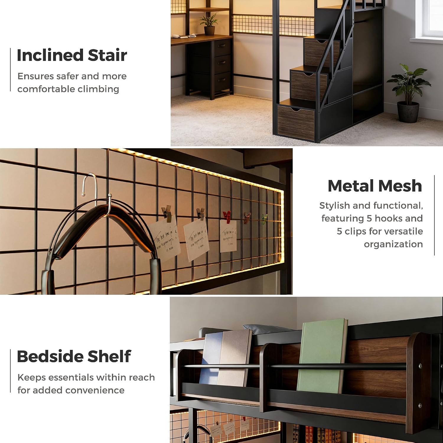 Kikihouse Twin Loft Bed with Desk, Storage Stairs & Wardrobe, Metal Loft Bed Frame w/Headboard, Bedside Shelf, Charging Station & 6 Drawers, LED Gaming Bed for Adult Space-Saving, Black & Walnut
