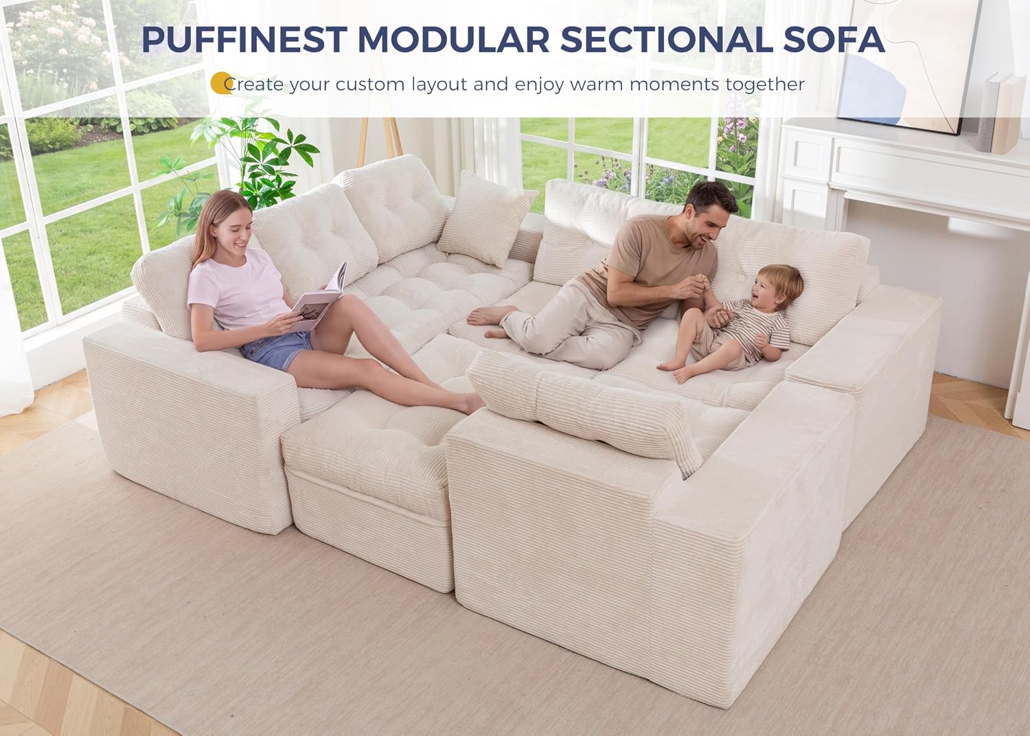 MAXYOYO Modular Sectional Sofa with Ottoman and Loveseat, Cloud Boneless Couch with Layered Cushion, Flexible Module Combination Sofa for Living Room, No Assembly Required,Beige