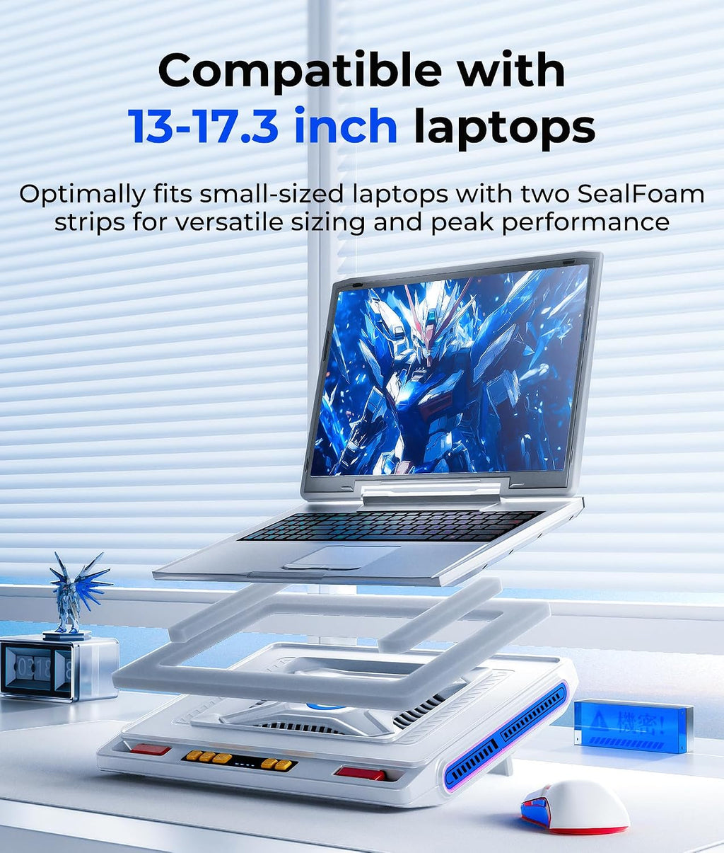 llano V10 Gaming Laptop Cooler, RGB Laptop Cooling Pad Stand with Powerful 4.72 Inch External Turbo Cooling Fan, Fast Cooling Computer 13-17.3inch, 3 Adjustable Stand, 4-Port USB C&A (White)