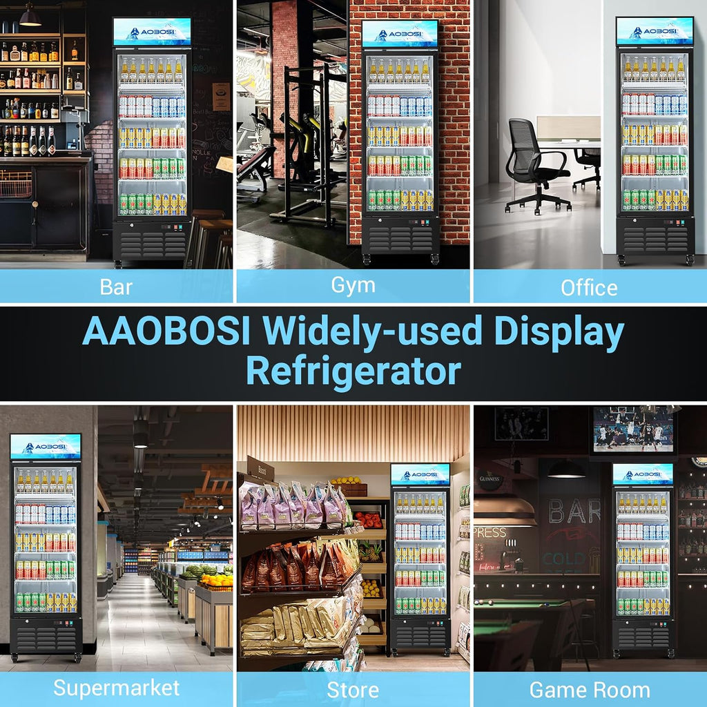 AAOBOSI Commercial Merchandiser Refrigerator,17.1 Cu.Ft Glass Door Display Refrigerator,Upright Beverage Cooler Fridge with Soft LED Light, Customizable Lightbox,Universal Casters,Adjustable Shelves