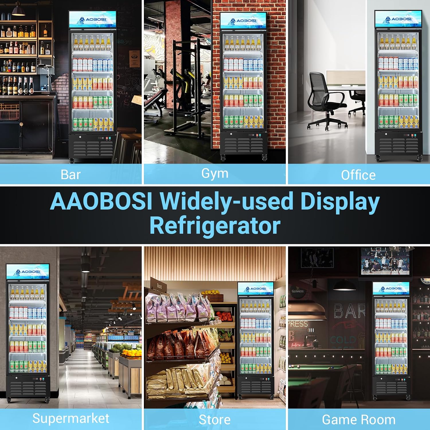 AAOBOSI Commercial Merchandiser Refrigerator,17.1 Cu.Ft Glass Door Display Refrigerator,Upright Beverage Cooler Fridge with Soft LED Light, Customizable Lightbox,Universal Casters,Adjustable Shelves