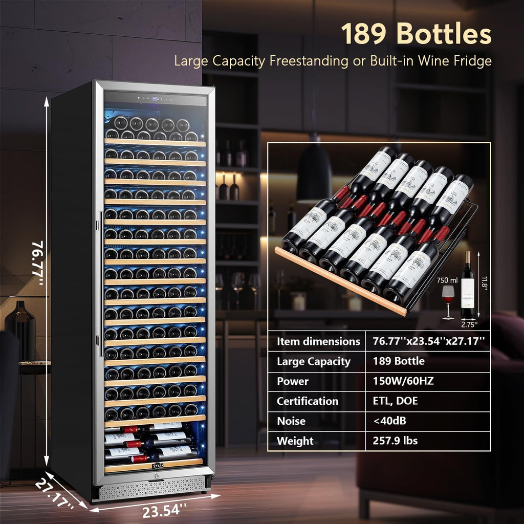 Tylza Wine Fridge 24 Inch, 189 Bottles Large Wine Cooler Refrigerator, Built-in or Freestanding Tall Wine Cooler with Upgraded Compressor, Low Noise, Fast Cooling and Intelligent Temperature Memory