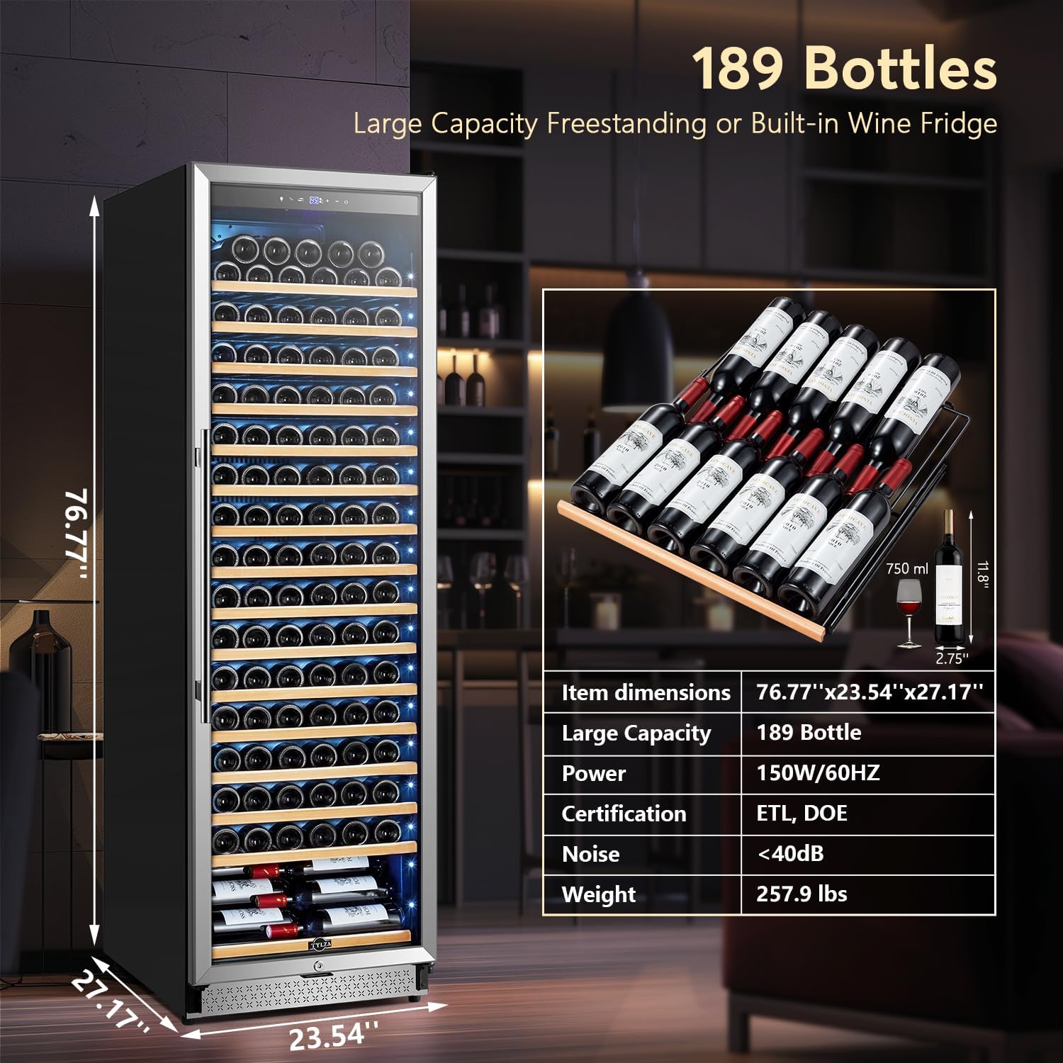 Tylza Wine Fridge 24 Inch, 189 Bottles Large Wine Cooler Refrigerator, Built-in or Freestanding Tall Wine Cooler with Upgraded Compressor, Low Noise, Fast Cooling and Intelligent Temperature Memory