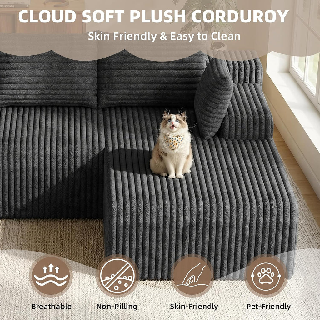 2026 New Boneless Couch, No Assembly Cloud Couch Sectional with Deep Seat & Chaise for Small Space, Upholstered Boneless Sectional Couch for Living Room, L Shaped Couch with Right Facing Chaise, Grey