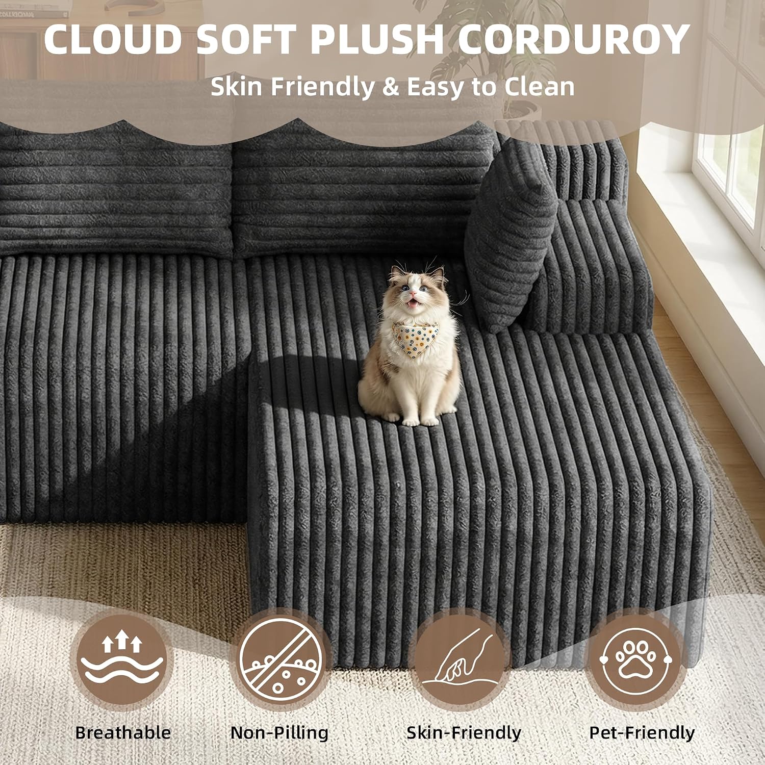 2026 New Boneless Couch, No Assembly Cloud Couch Sectional with Deep Seat & Chaise for Small Space, Upholstered Boneless Sectional Couch for Living Room, L Shaped Couch with Right Facing Chaise, Grey