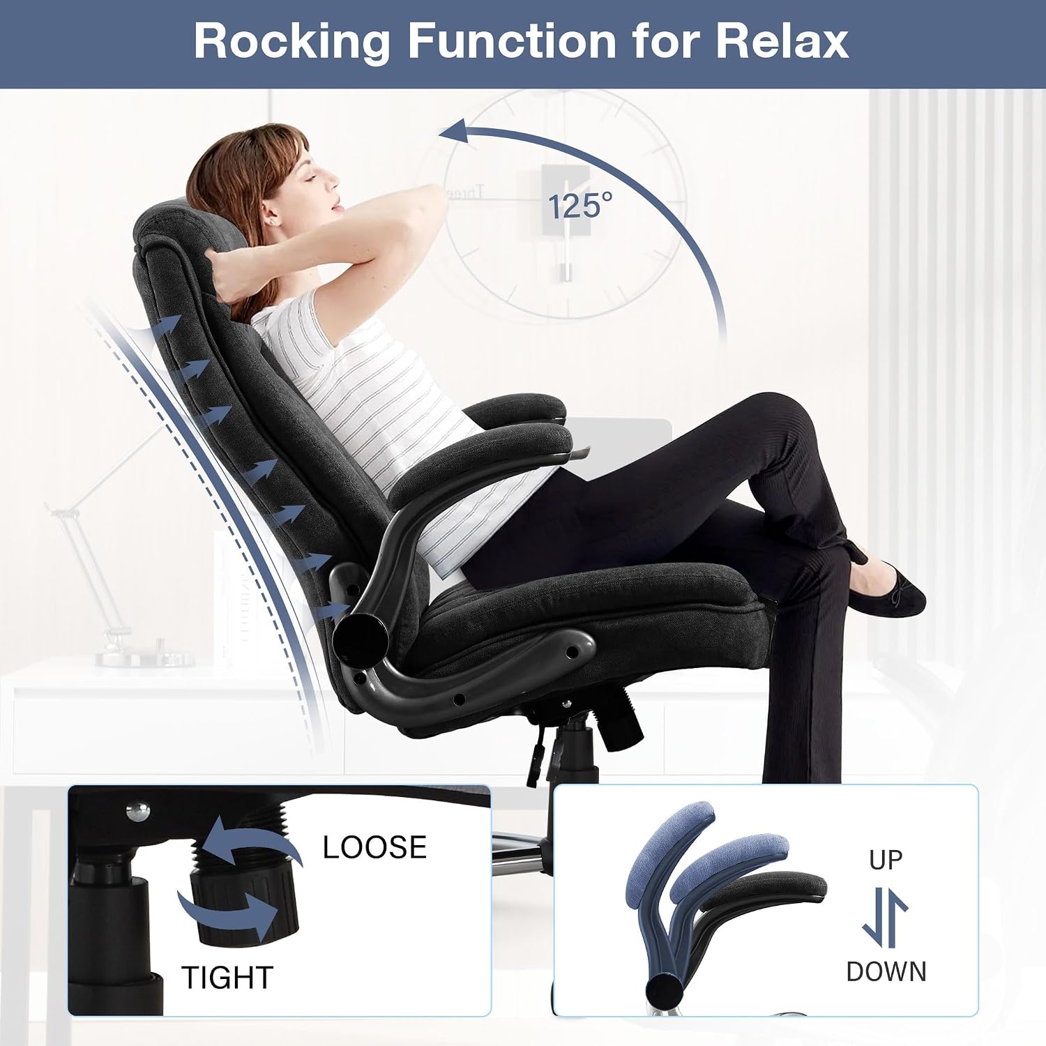 Big and Tall Fabric Office Chair 400lbs, High Back Executive Computer Desk Chair with Flip Up Armrest, Breathable Fabric Adjustable Height