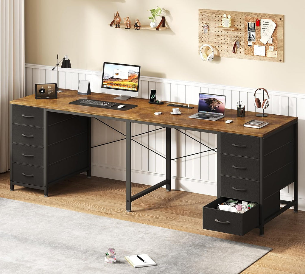 TVU 2 Person Desk with 8 Drawers, Large Home Office Computer Desk with Power Outlets, 78 Inch Long Double Desks for Two People, Rustic Brown
