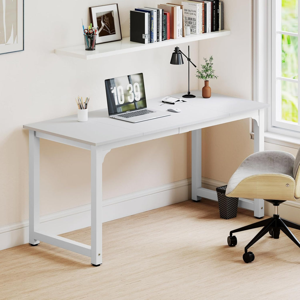NSdirect Large Office Desk for Home Office, Large 63' Computer Desk Table, Wide Writing Study Desk for 2 Person, Metal Sturdy Frame Thicker Steel Legs,Warm White