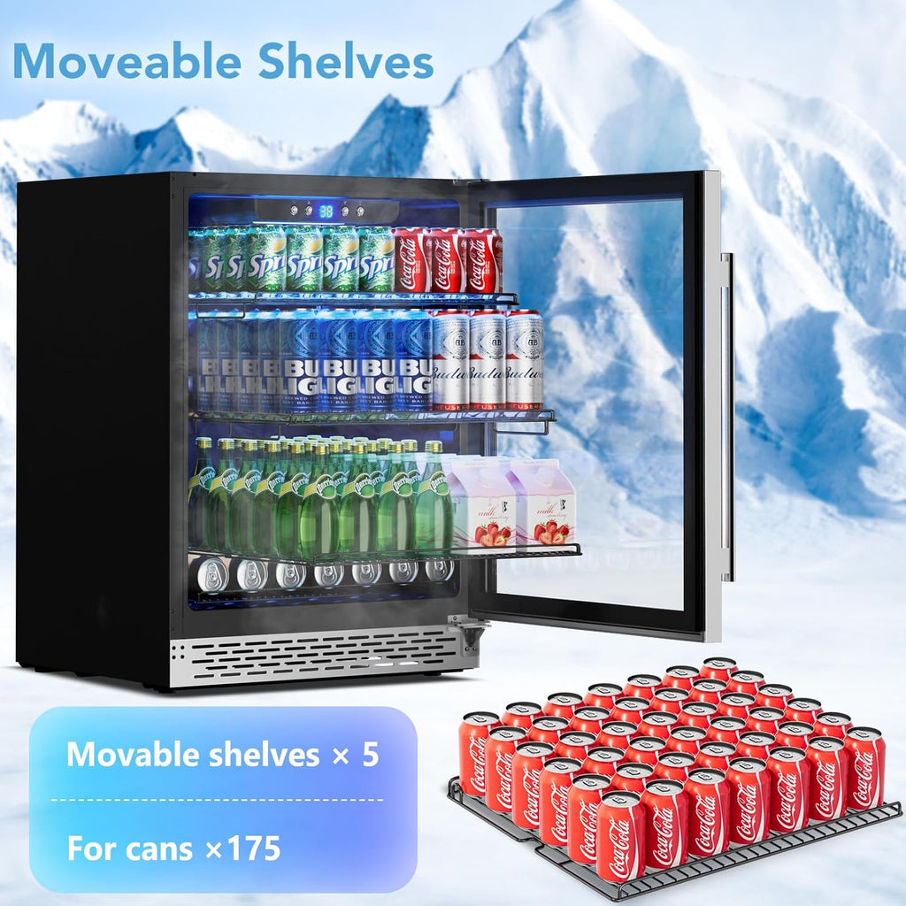 Phiestina Beverage Refrigerator 175 Cans Under Counter Beer Cooler 24 inch Quiet Built-in or Freestanding Beverage Fridge Glass Door Auto Defrost 5 Removable Shelves for Home Bar Office