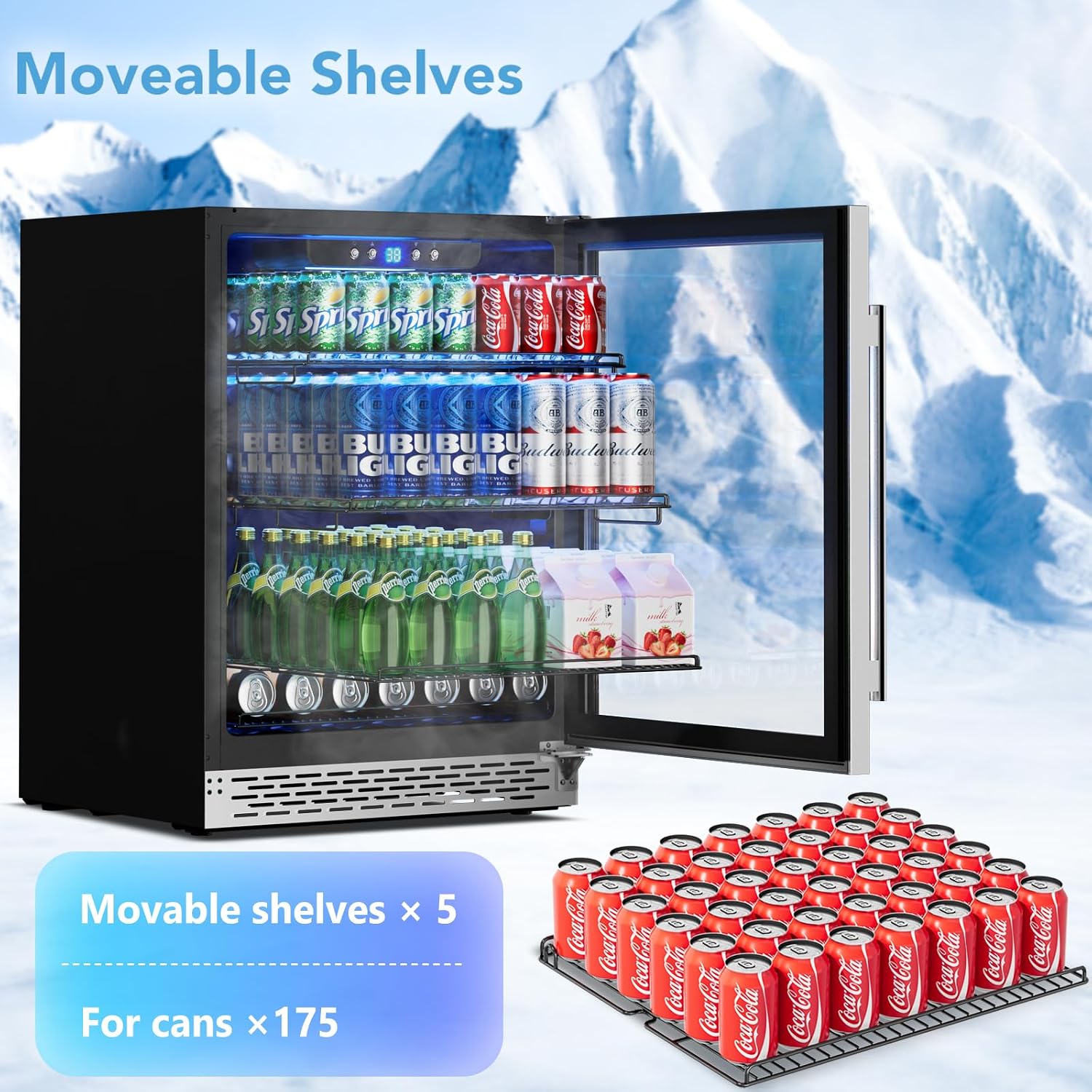 Phiestina Beverage Refrigerator 175 Cans Under Counter Beer Cooler 24 inch Quiet Built-in or Freestanding Beverage Fridge Glass Door Auto Defrost 5 Removable Shelves for Home Bar Office