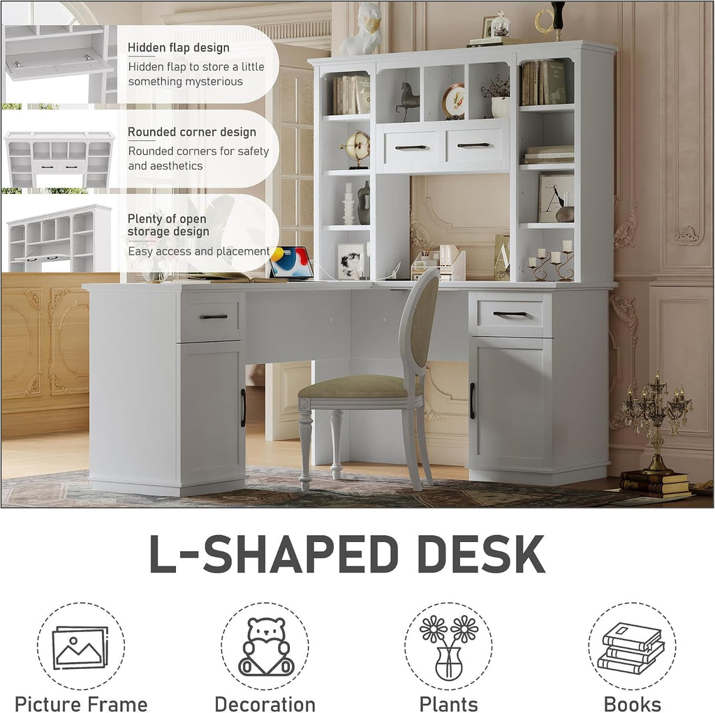 Bellemave L-Shaped Computer Desk with 2 Cabinets and 2 Drawers, Home Office Desk with 11 Open Shelves and 1 Right Flip Shelf, Corner Desk for Study, Living Room and Office (Off White