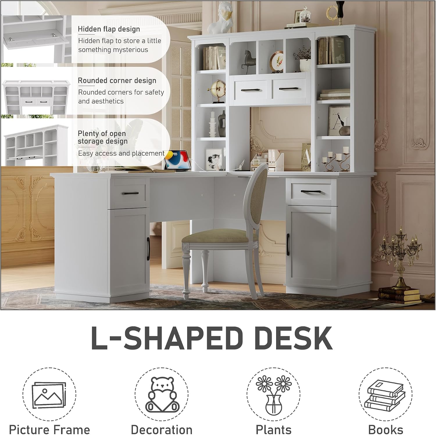 Bellemave L-Shaped Computer Desk with 2 Cabinets and 2 Drawers, Home Office Desk with 11 Open Shelves and 1 Right Flip Shelf, Corner Desk for Study, Living Room and Office (Off White
