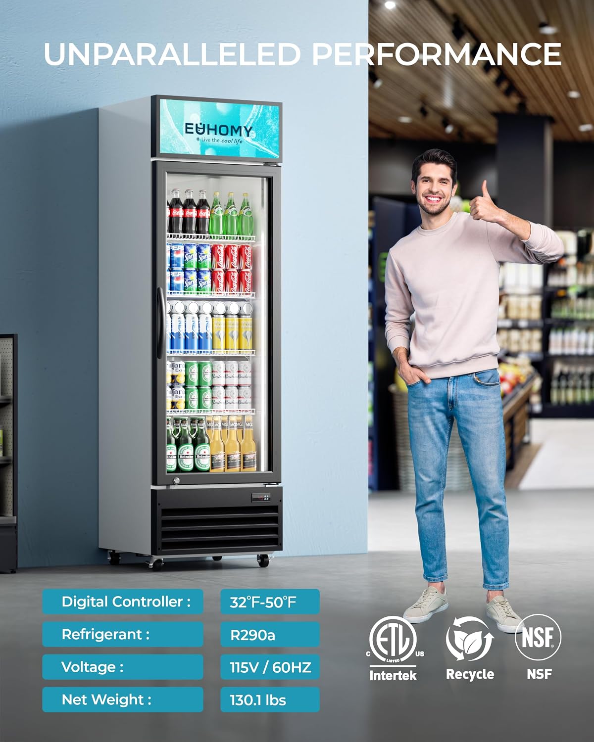 EUHOMY Commercial Display Refrigerator, 9 Cu.Ft Glass Door Merchandiser Drink Fridge with Soft LED Light Adjustable Shelves, Commercial Beverage Refrigerator for Bar, Restaurant, Cafe(Black)